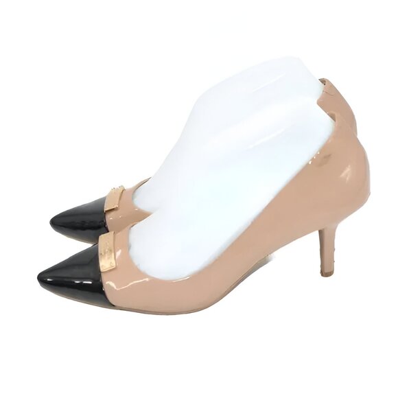 Coach Black Tan Beige Minimalist Cap Toe Spectator Patent Leather Heels Pumps 7 - Picture 3 of 14
